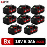 EXPER 8x Milwaukee M18 18V 6.0Ah Li-ion Accu – Compatibel met M18 B2 t/m BX