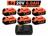 6x DeWalt XR 18V 6.0Ah Li-ion Accu + Snellader – DCB180 t/m DCB185