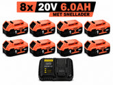 8x DeWalt XR 18V 6.0Ah Li-ion Accu + Snellader – DCB180 t/m DCB185