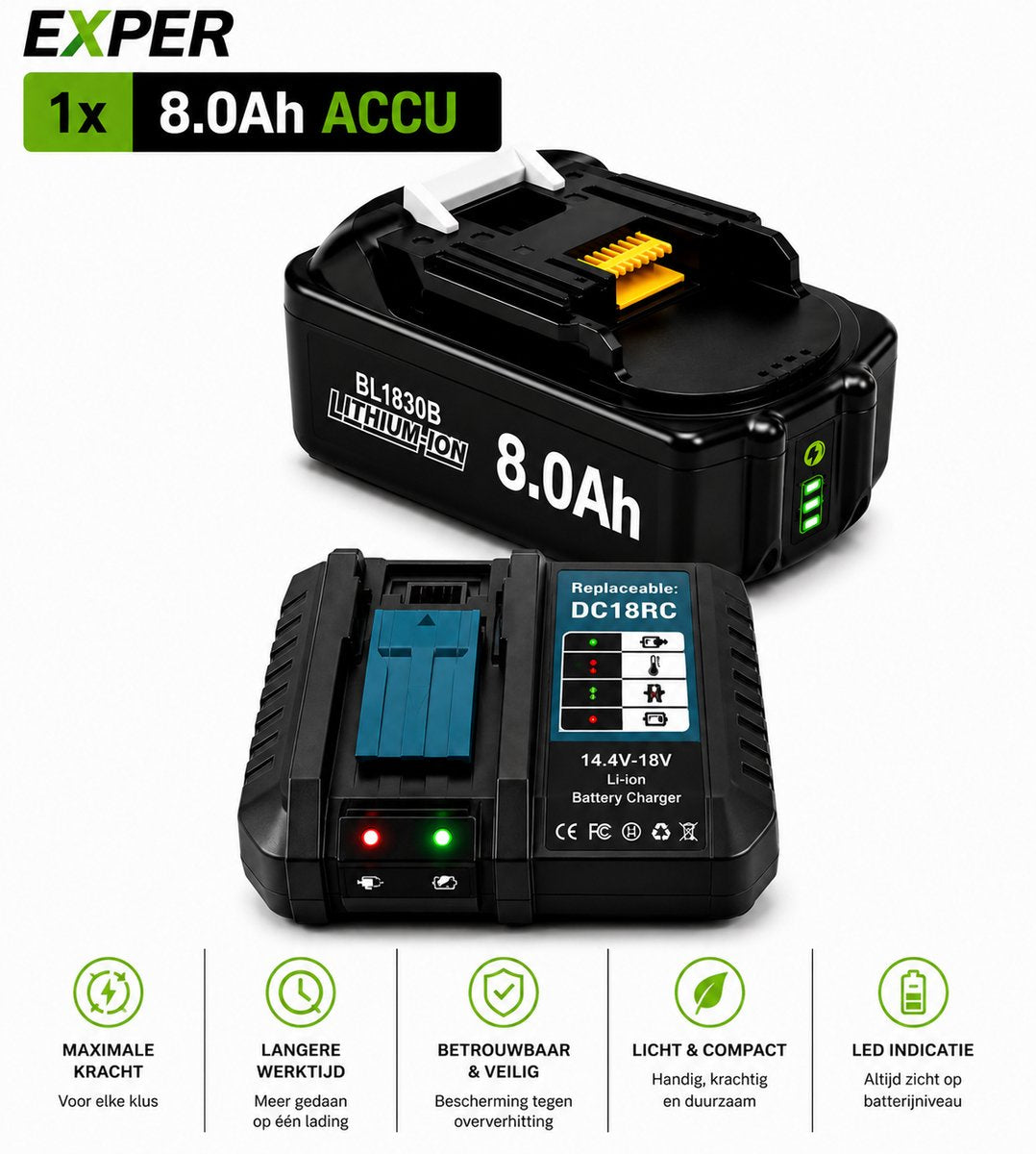 EXPER 1x Makita LXT 18V 8.0Ah Li-ion Accu + DC18RD Snellader