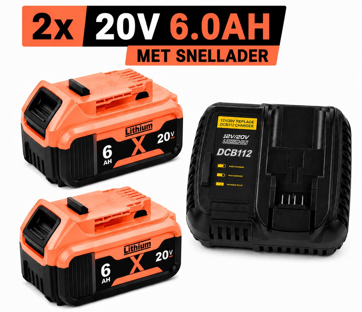 2x DeWalt XR 18V 6.0Ah Li-Ion Accu + Snellader – DCB180 t/m DCB185