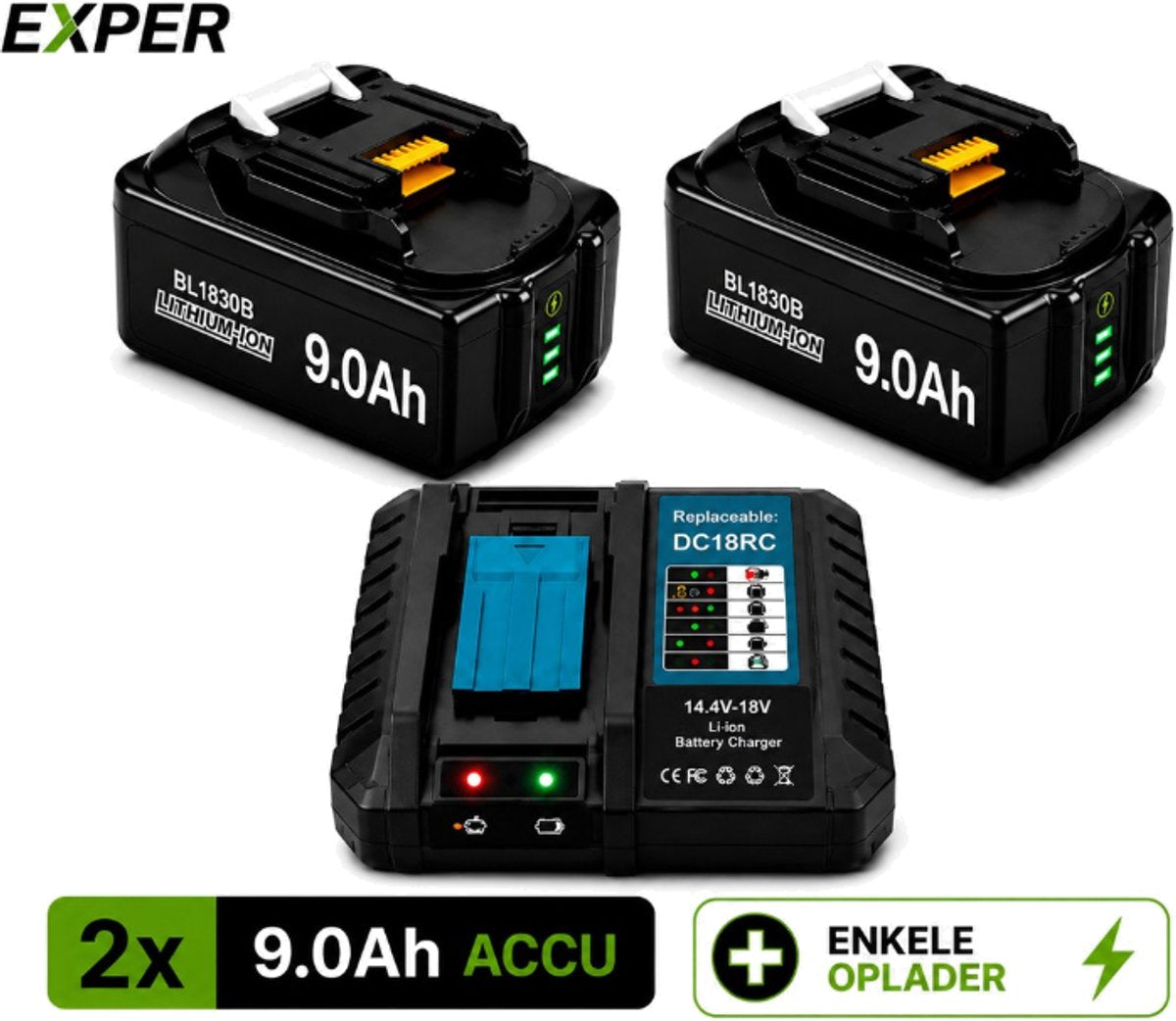 EXPER 2x Makita LXT 18V 9.0Ah Li-ion Accu + DC18RD Snellader