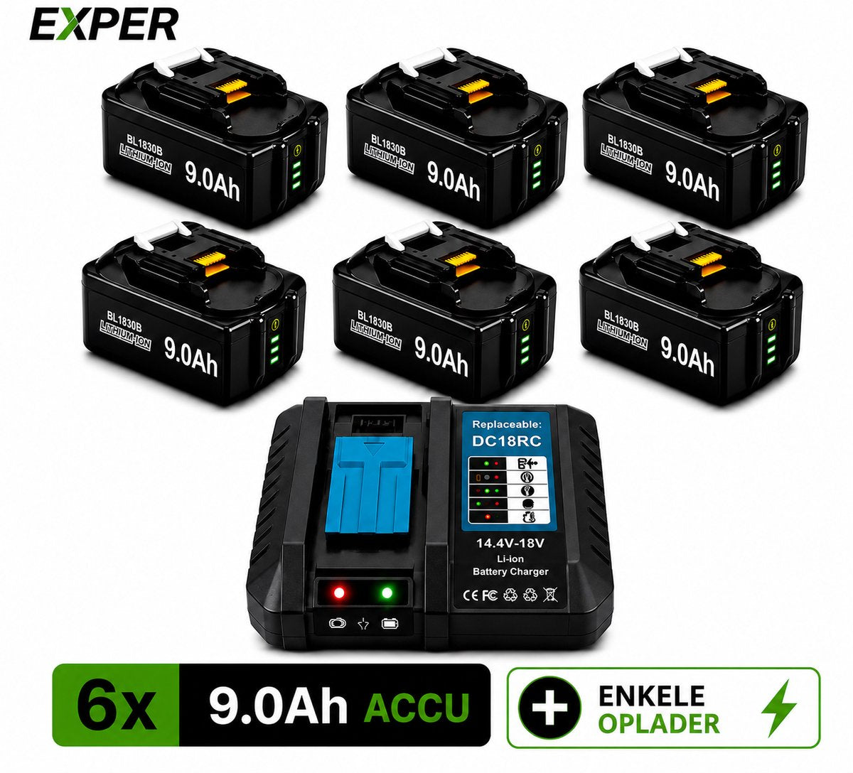 EXPER 6x Makita LXT 18V 9.0Ah Li-ion Accu + DC18RD Snellader