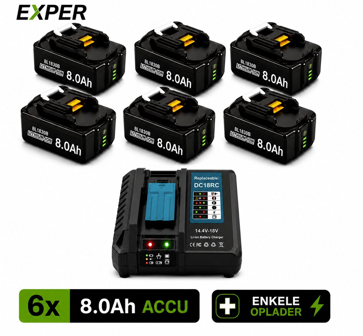 EXPER 6x 18V 8.0Ah Li-Ion Accu voor Makita LXT – Inclusief DC18RD Snellader