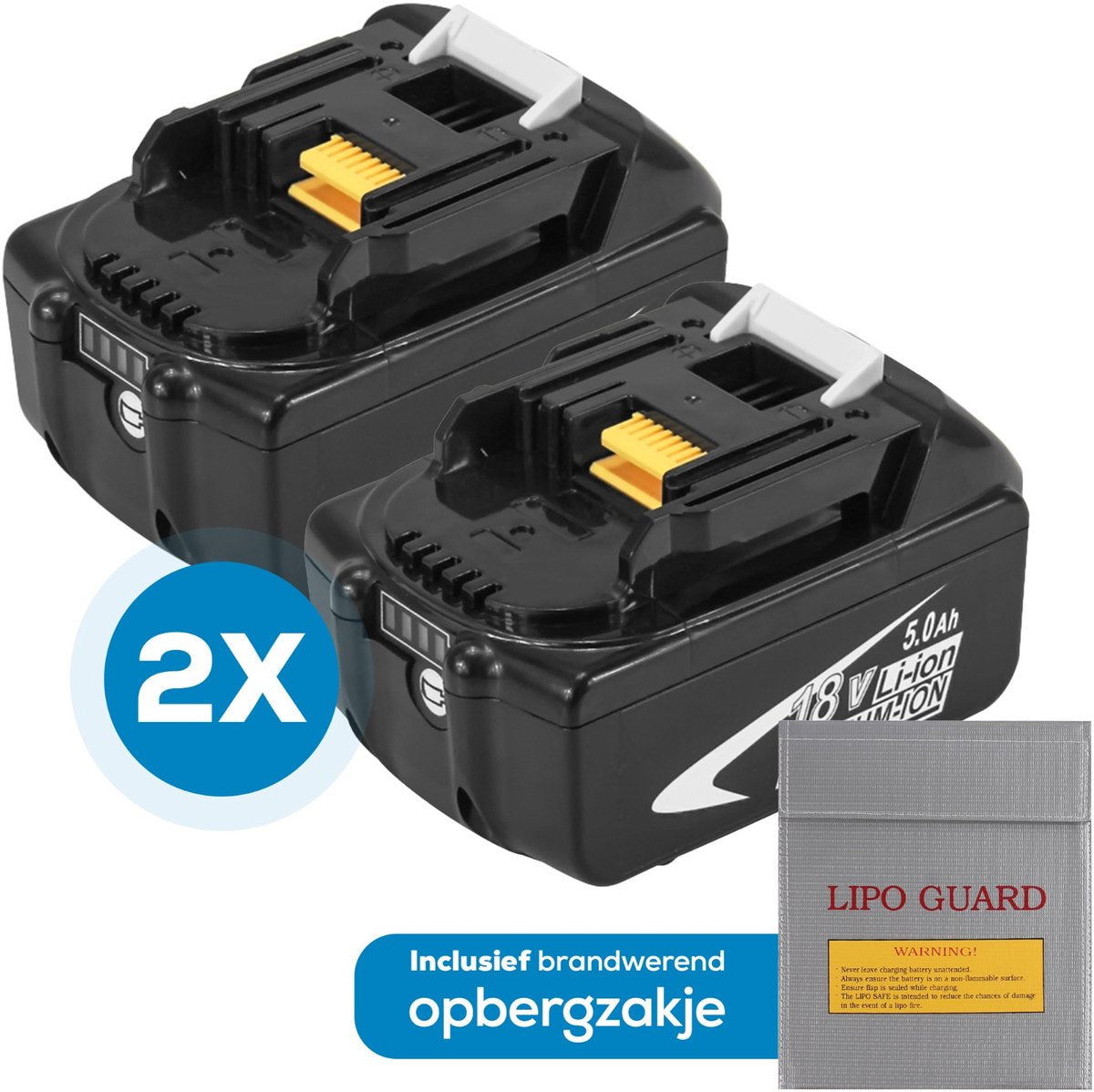 2x Makita 18V 5.0Ah Li-ion Accu – BL1830B t/m BL1860B – Inclusief Brandwerend Zakje