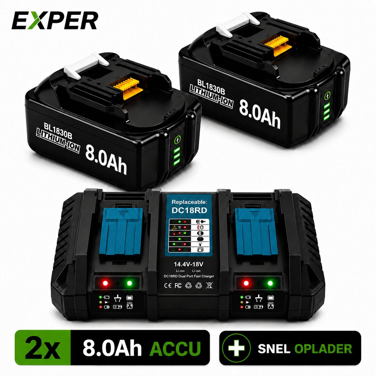 EXPER 18V 8.0Ah Accu voor Makita - 2 Stuks + DC18RD Snellader | Vervangt BL1830B/1850B