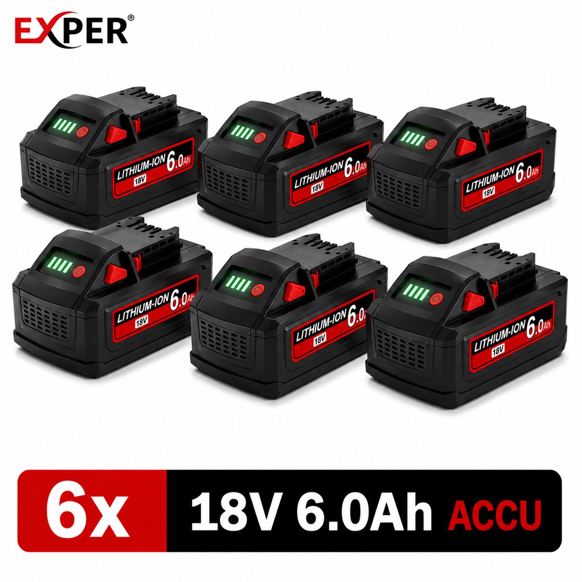 EXPER 6x Milwaukee M18 18V 6.0Ah Li-ion Accu – M18 B2 t/m BX