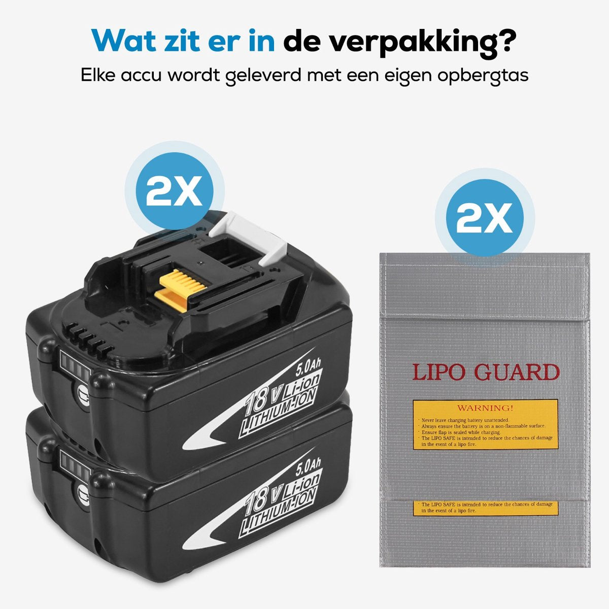 2x Makita 18V 5.0Ah Li-ion Accu – BL1830B t/m BL1860B – Inclusief Brandwerend Zakje
