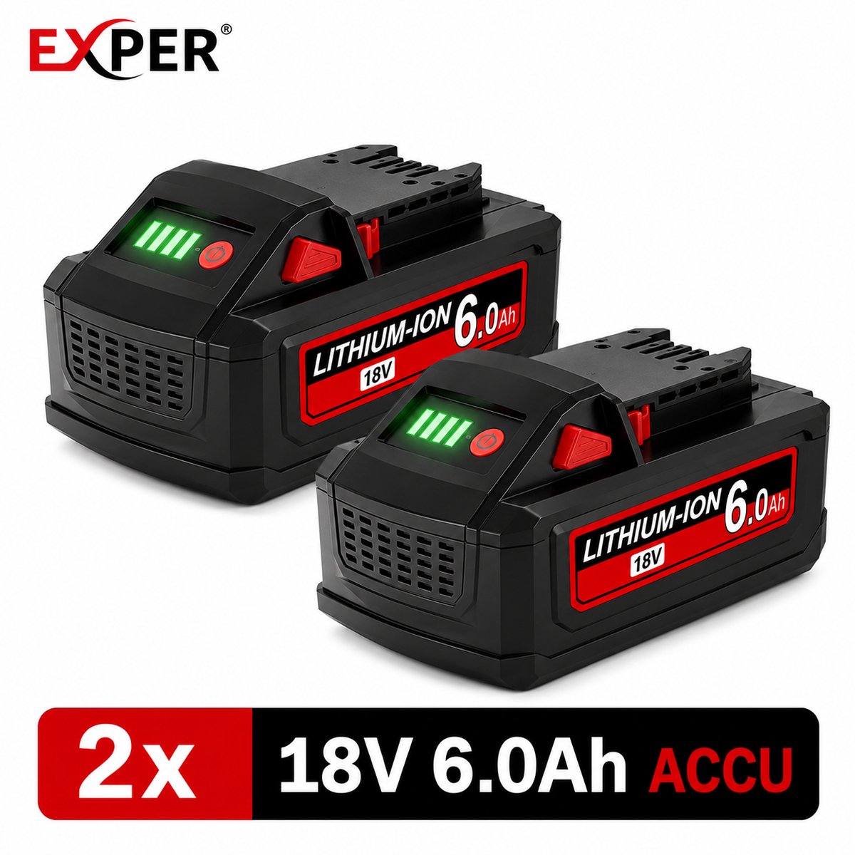EXPER 2x Milwaukee M18 18V 6.0Ah Li-ion Accu – B2, B4, B5, B6, B9 & BX