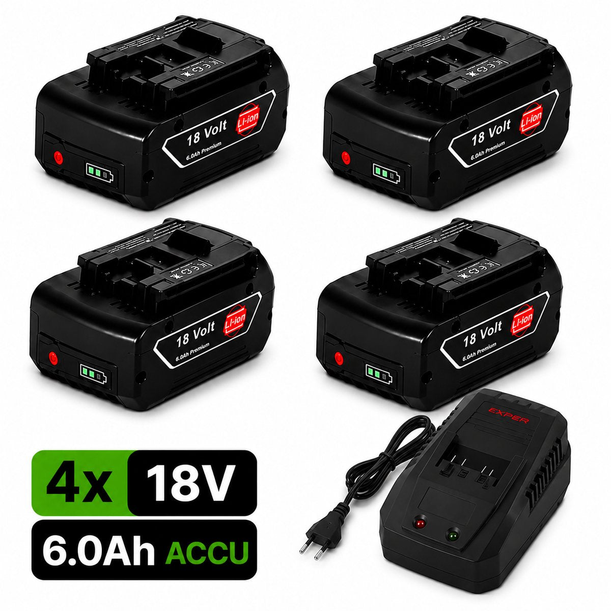 EXPER 4x Bosch Professional 18V 6.0Ah Li-ion Accu + GAL 18V-40 Lader