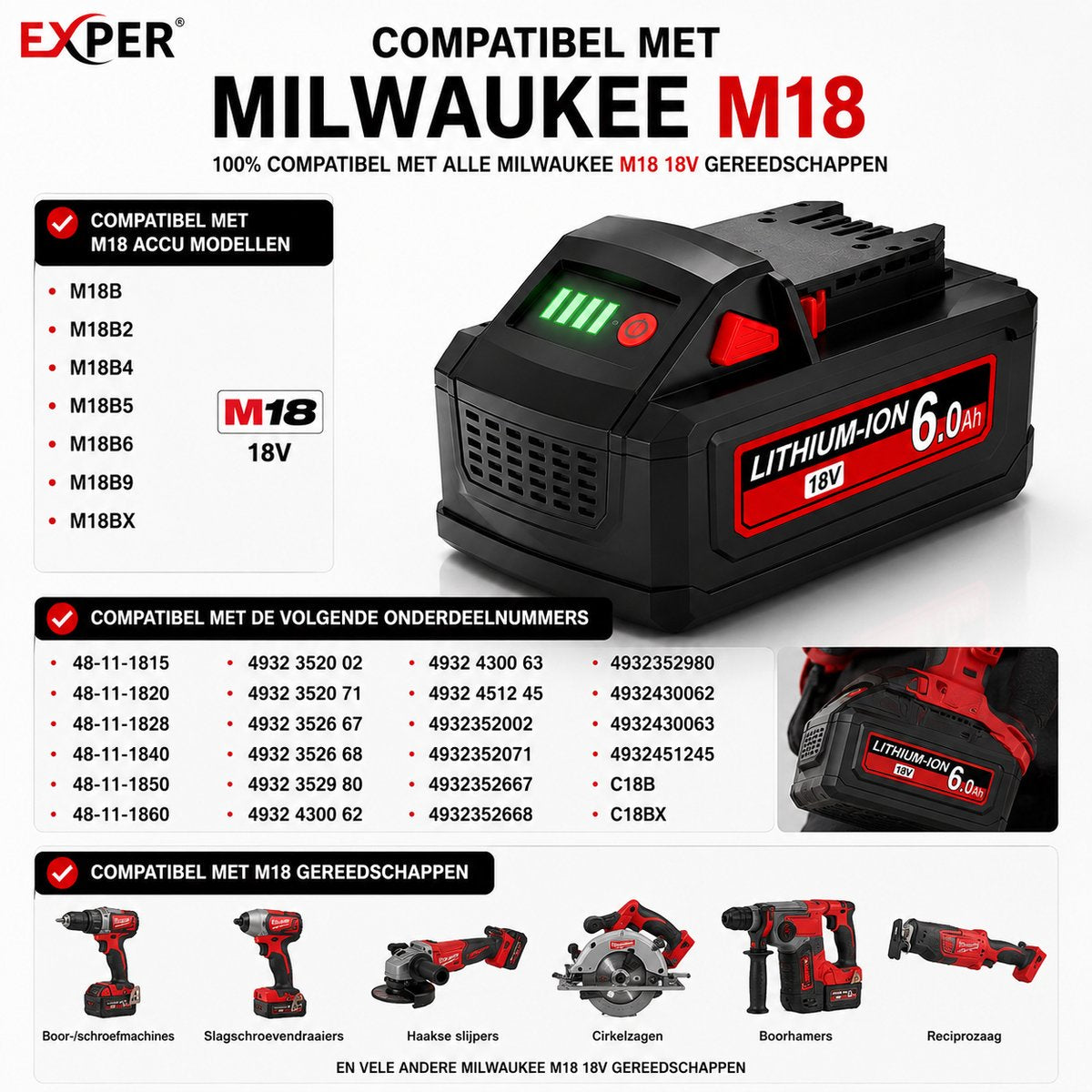 EXPER 2x Milwaukee M18 18V 6.0Ah Li-ion Accu – B2, B4, B5, B6, B9 & BX