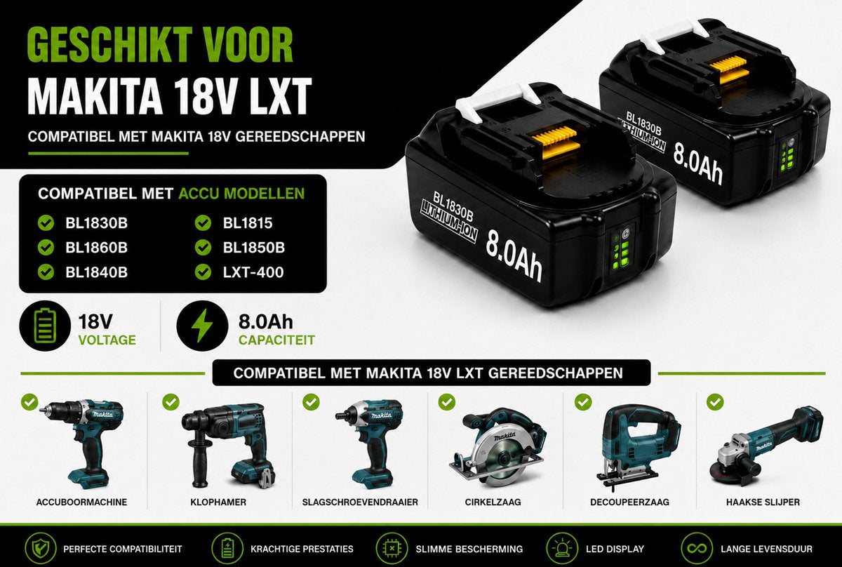 8x Makita 18V 6.0Ah Li-ion Accu – BL1830B t/m BL1860B