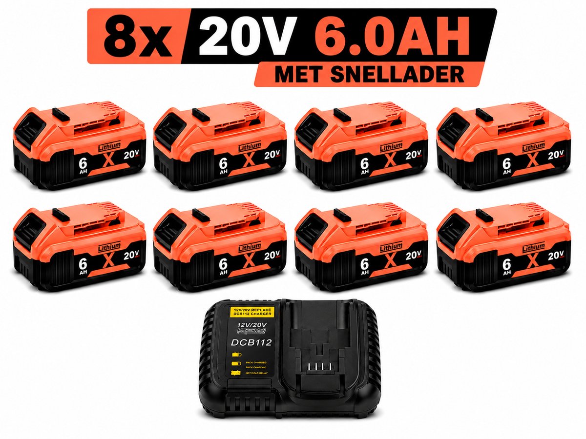 8x DeWalt XR 18V 6.0Ah Li-ion Accu + Snellader – DCB180 t/m DCB185