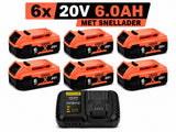 6x DeWalt XR 18V 6.0Ah Li-ion Accu + Snellader – DCB180 t/m DCB185