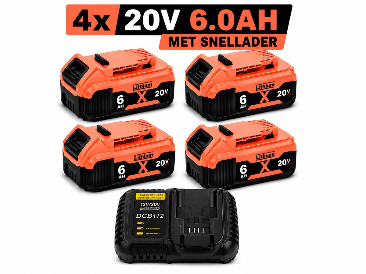 4x DeWalt XR 18V 6.0Ah Li-ion Accu + Snellader – DCB180 t/m DCB185